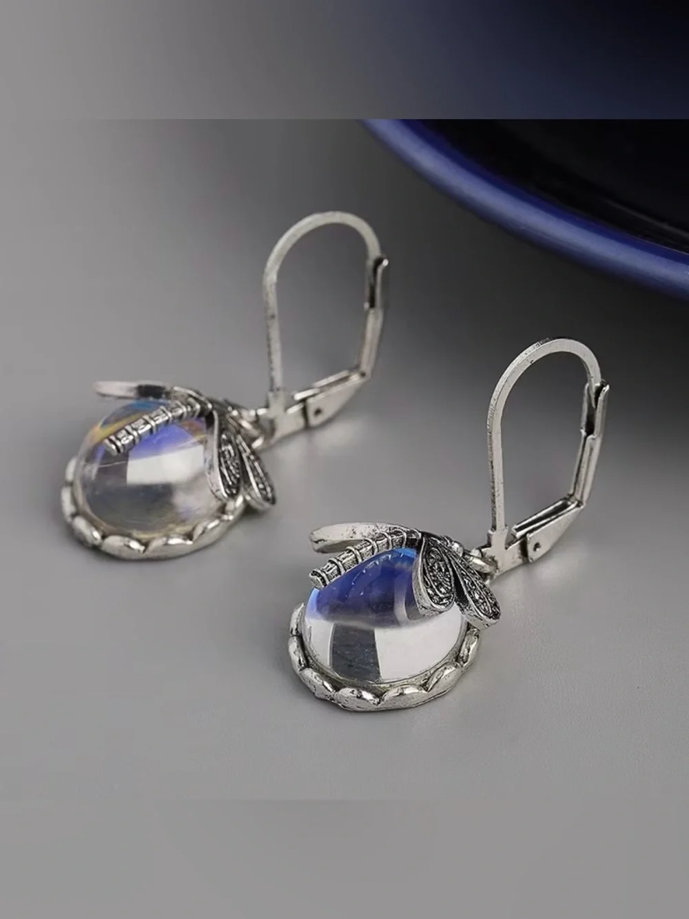New! Trendy Silver Dragonfly Dangle Earrings with Blue Iridescent Crystal.
